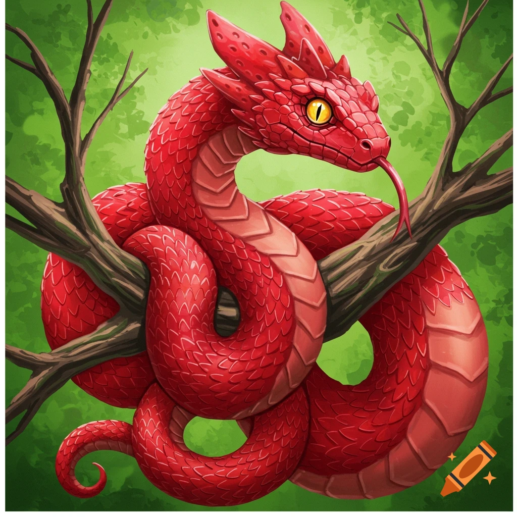 A stylized red basilisk or snake coils around brown tree branches against a green background.