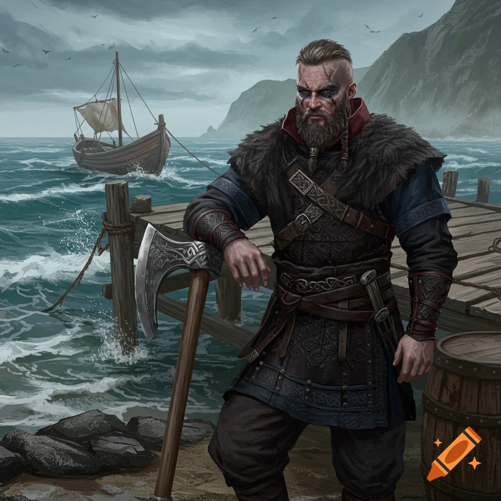 A Viking warrior with an axe stands on a dock near a ship in a detailed fantasy illustration.