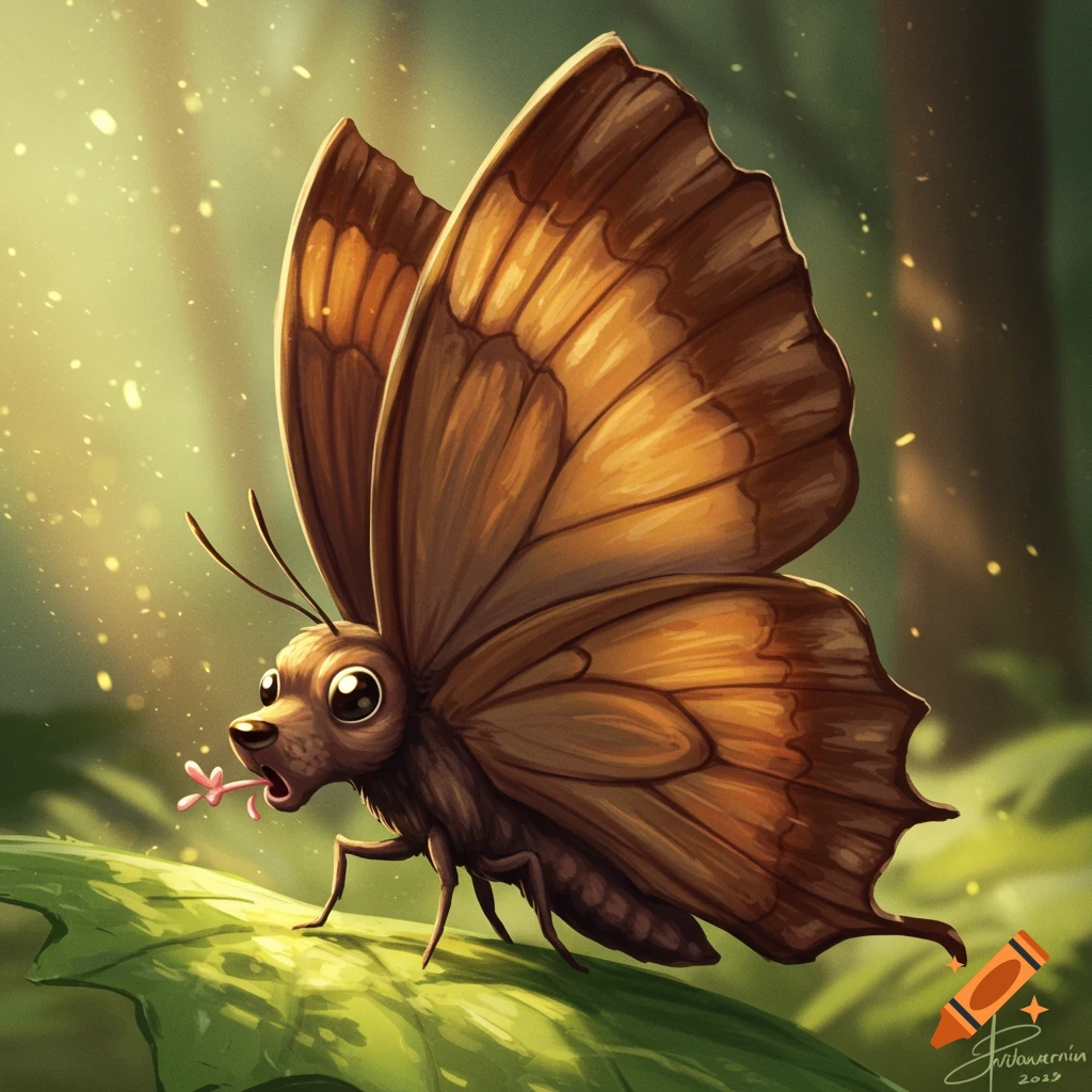 Illustration of a barking butterfly, a creature with butterfly wings and a dog's head, on a leaf in a sunlit forest.