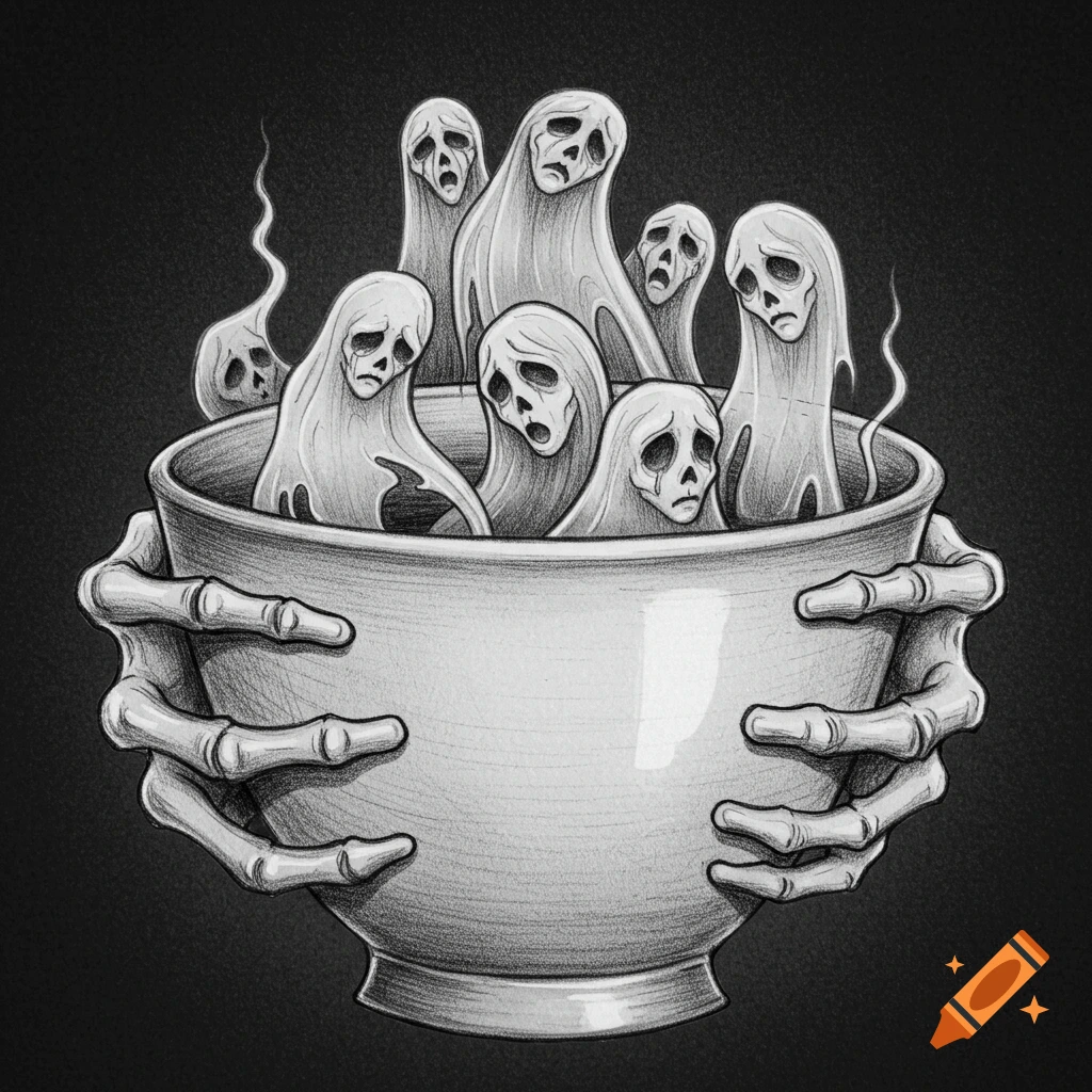 Pencil drawing of skeletal hands holding a bowl from which sad-faced ghosts emerge.