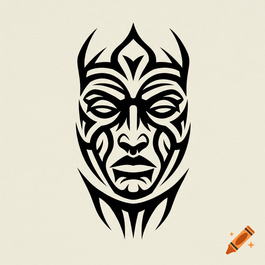 Minimalist black tribal face design or mask on a light background.