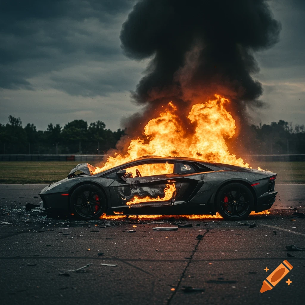 A gray Lamborghini is engulfed in flames and smoke after a crash on a race track.