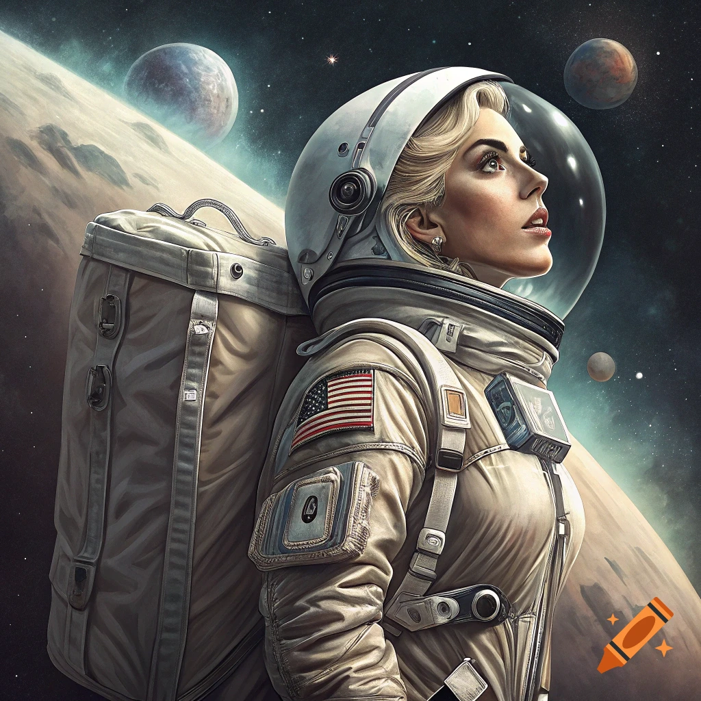 Woman in astronaut suit looking up at planets and stars