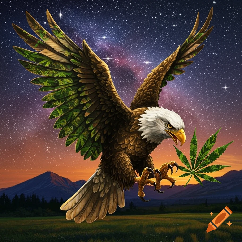 Americana Eagle tattoo with marijuana leaf design
