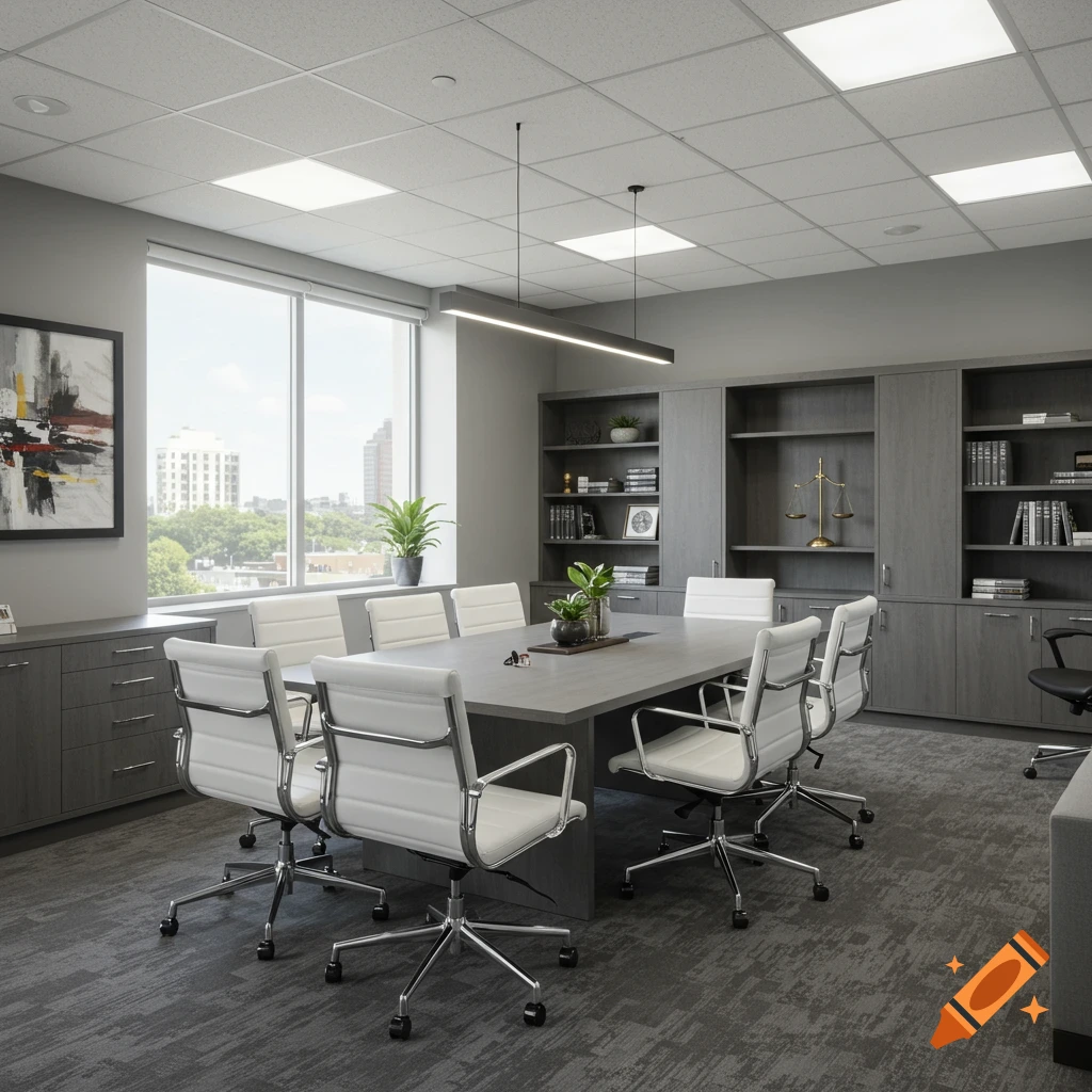 Realistic image of a modern lawyer's office conference room with a table, chairs, bookshelves, and city view.