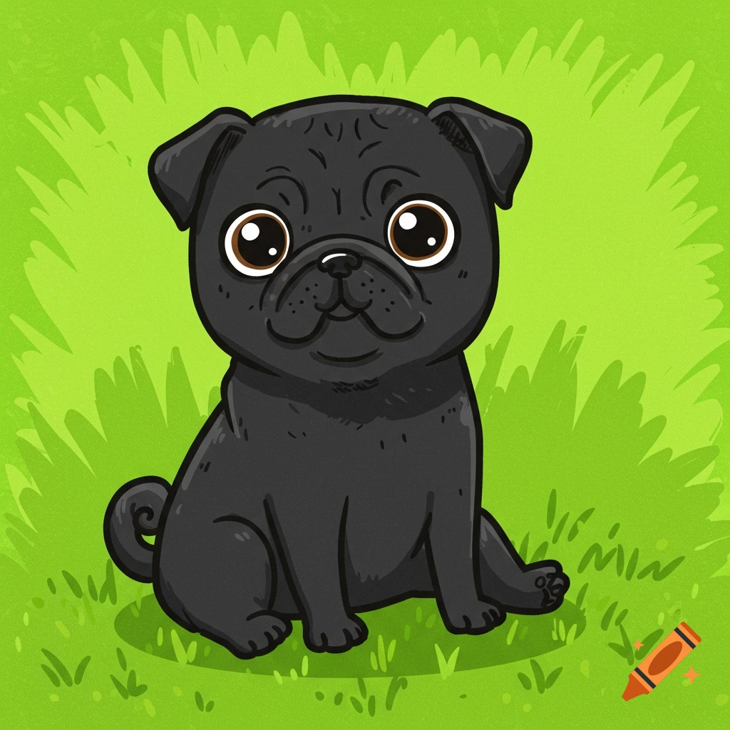 A cute black cartoon pug sits in bright green grass.