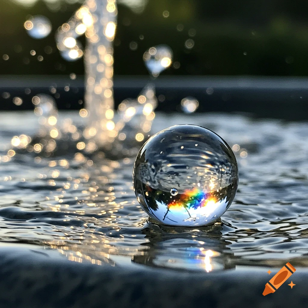 Close-up of a glass marble in water reflecting a rainbow near a sunlit fountain with water droplets.