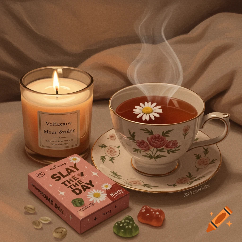 Candle, cup of chamomile tea, and 'Slay the Day' gummies in a gift box