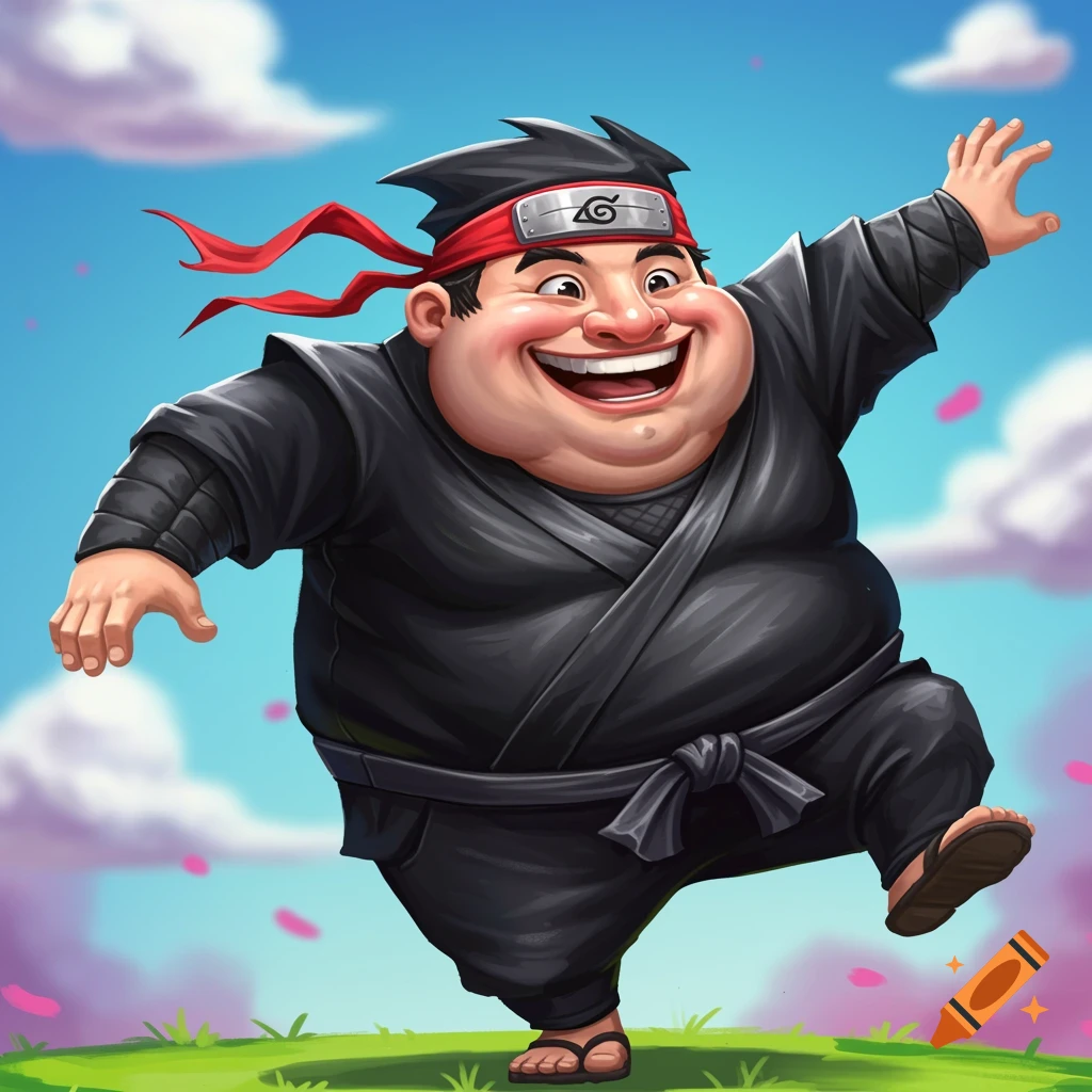 A cartoon illustration of a fat funny ninja character jumping with a big smile against a sky background.