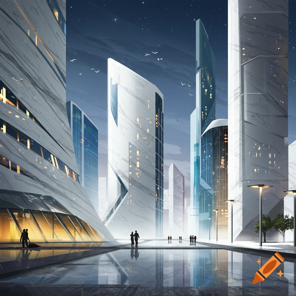 Futuristic city architecture at dusk with white marble and glass buildings reflecting in water, silhouetted people.