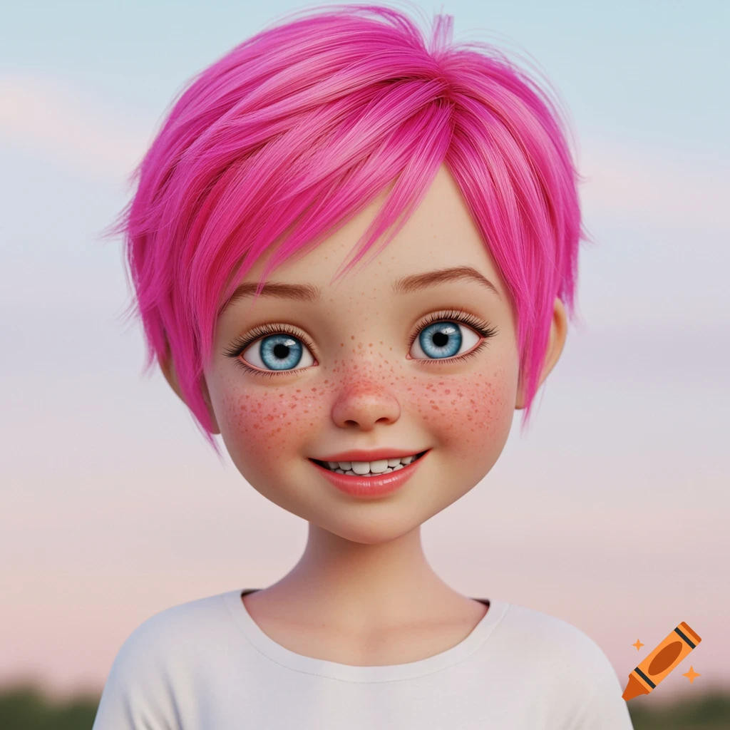 A 3D animated portrait of a young girl with pink hair, blue eyes, and freckles smiling.