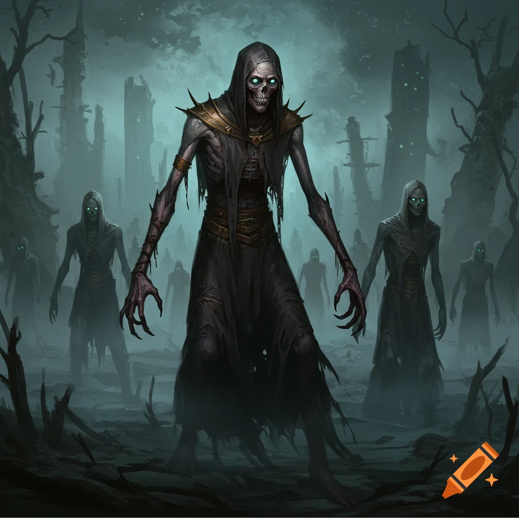 Dark fantasy art of skeletal undead figures standing in misty ruins.