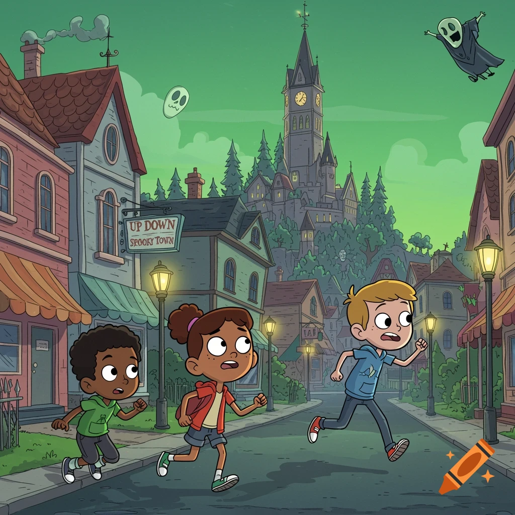 Cartoon kids run from ghosts in a spooky town towards a large castle, in an animated style.