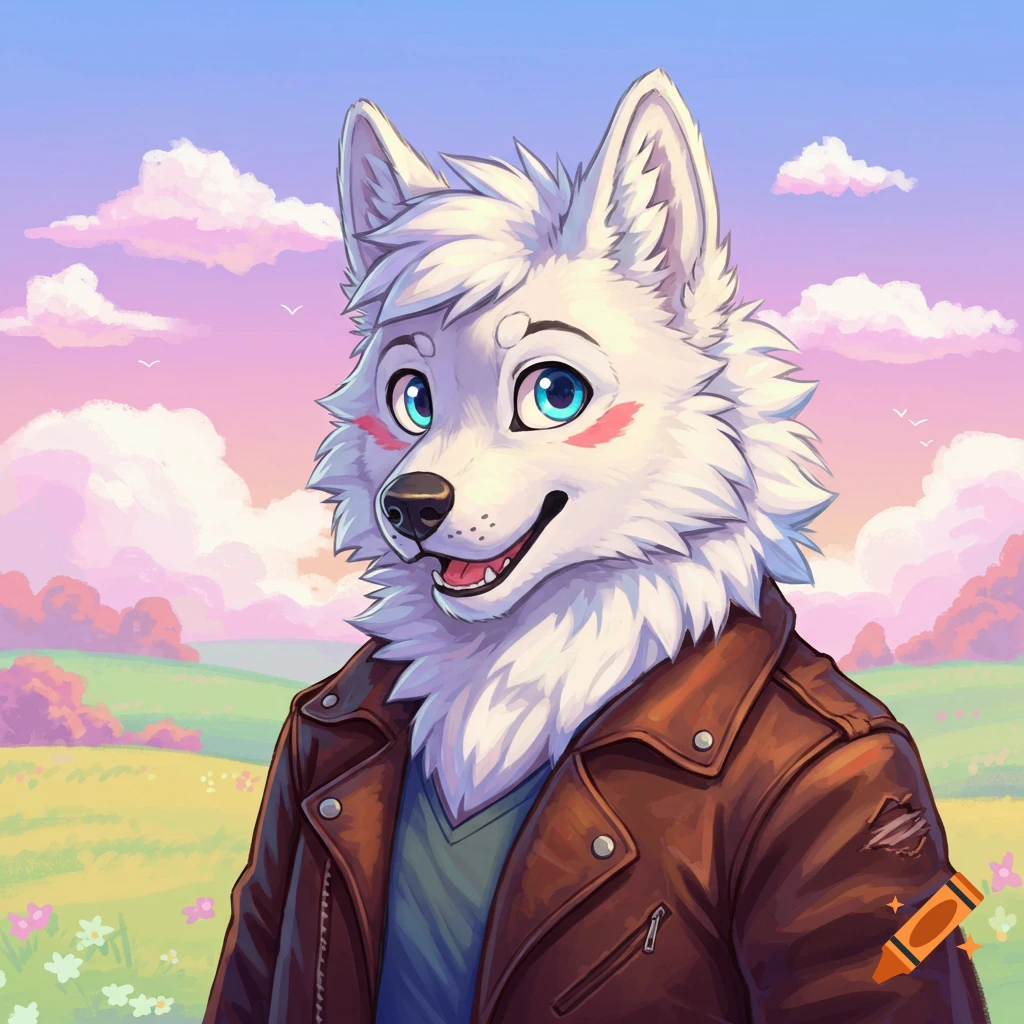 Illustrative portrait of a smiling white furry wolf wearing a brown leather jacket in a field under a cloudy sky.