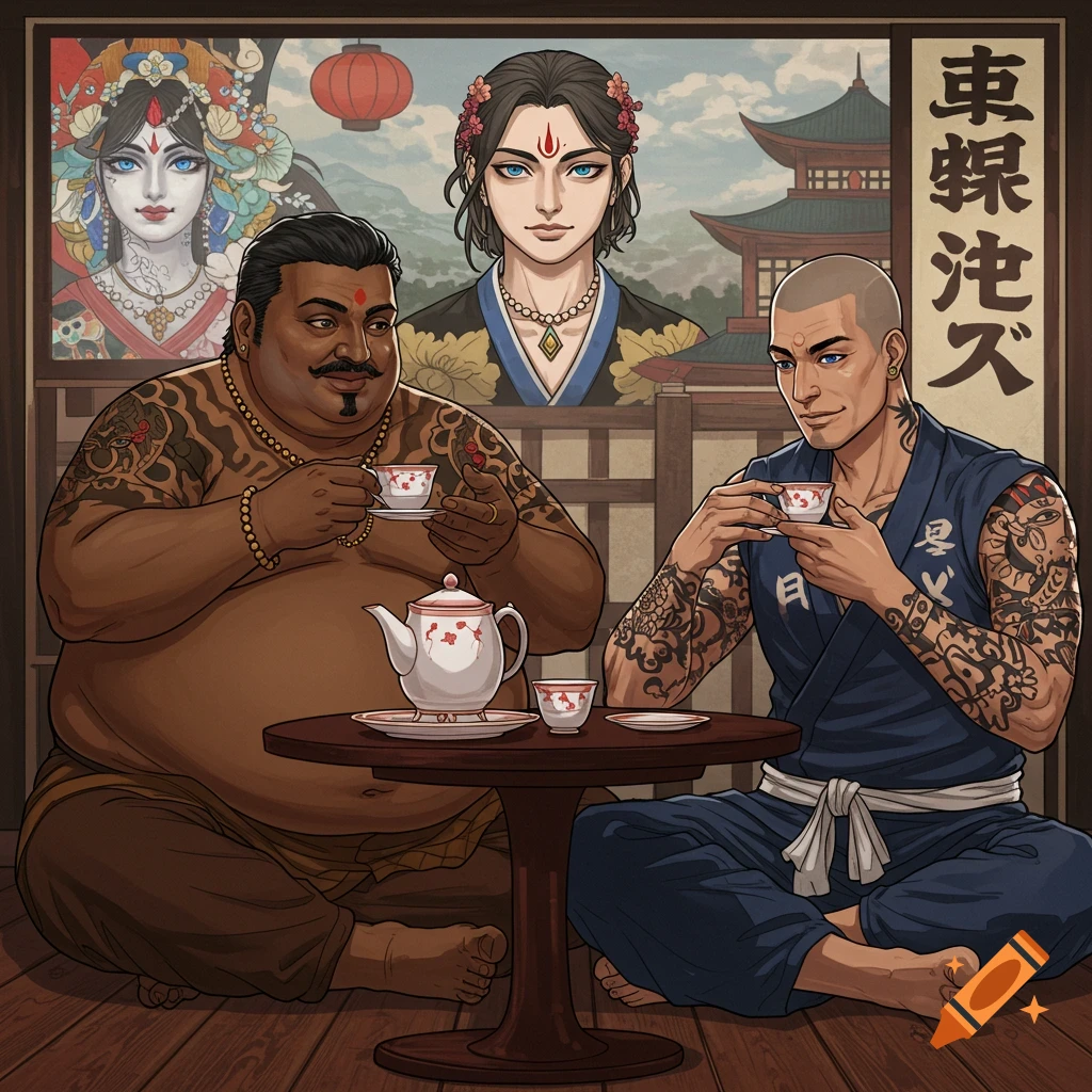 An illustration of two tattooed men, one large, sitting at a table drinking tea. A woman is in the background. The setting is Japanese.