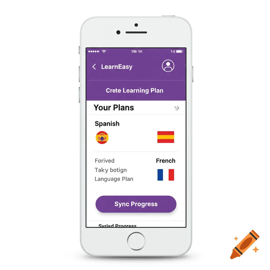 A white mobile phone screen displays a language learning app interface with options for Spanish and French plans, and a Sync Progress button.