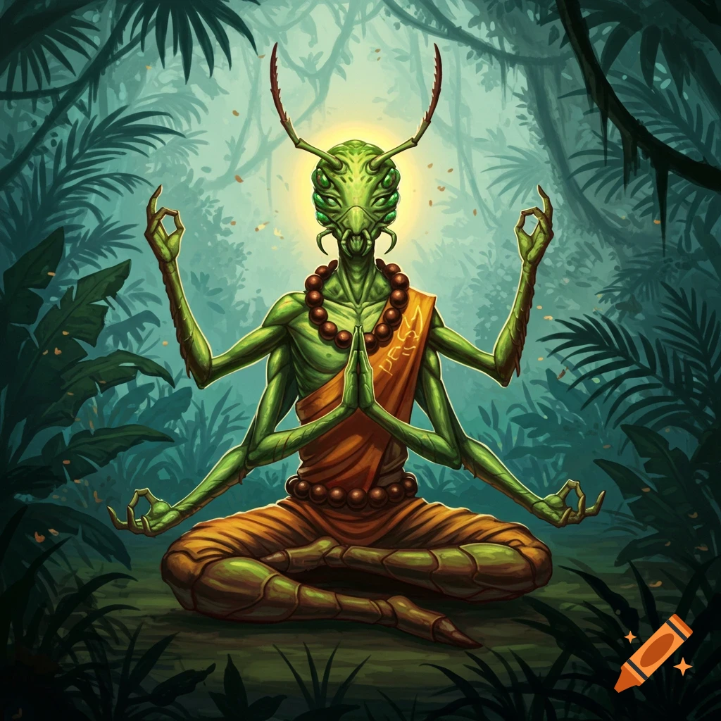 Green insectoid creature with multiple arms meditating in a jungle, wearing a monk's sash and beads.