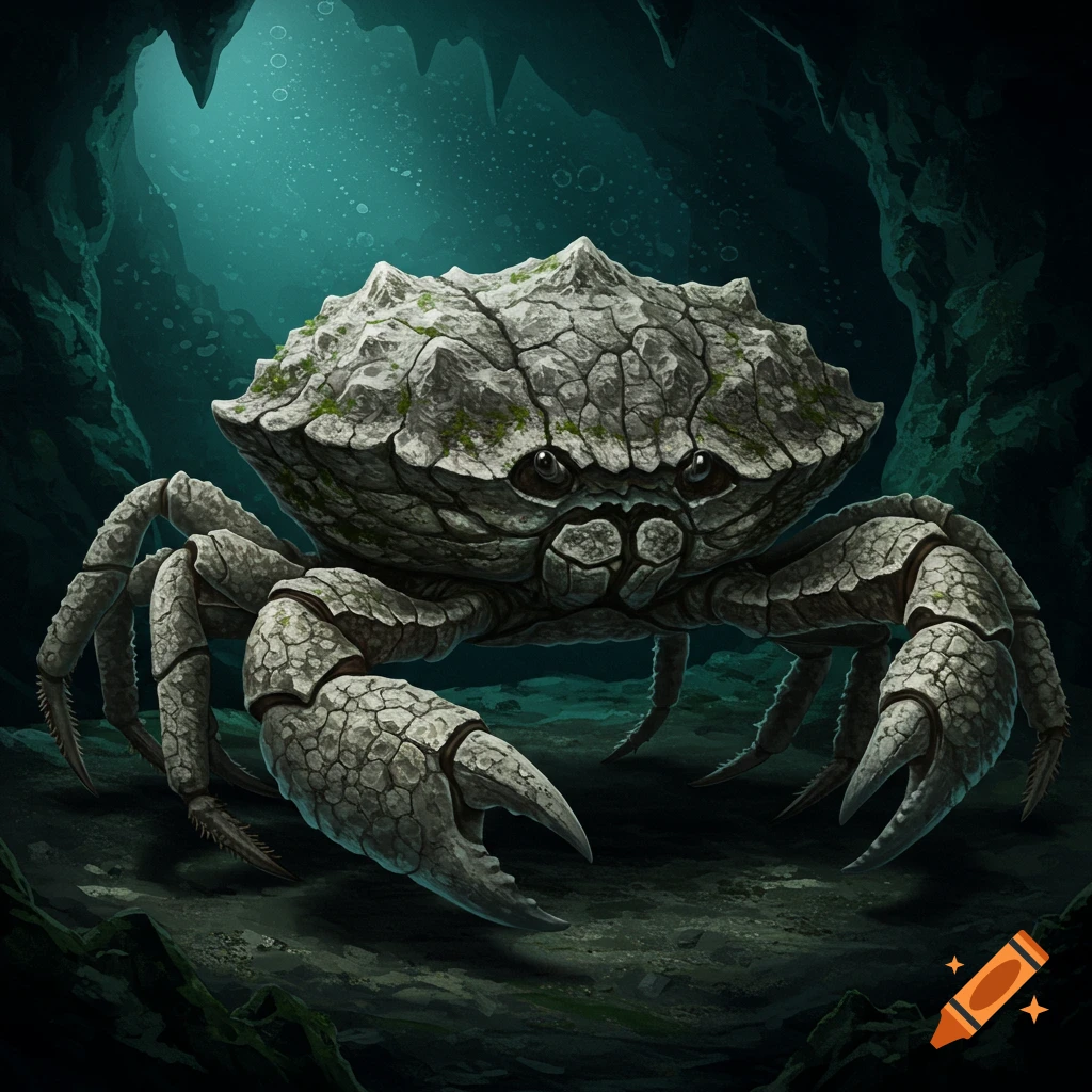 A stone crab sits in an underwater cave.