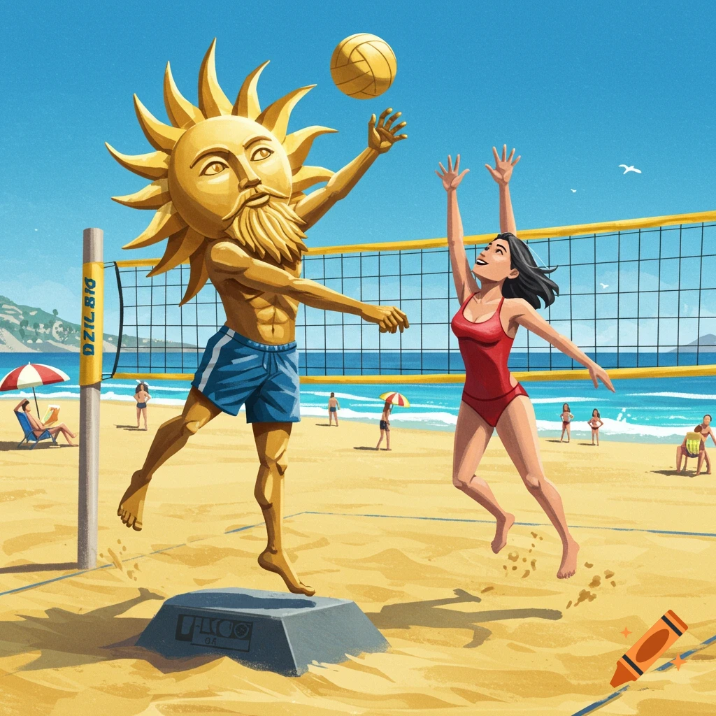 UCSD Sun God statue playing beach volleyball
