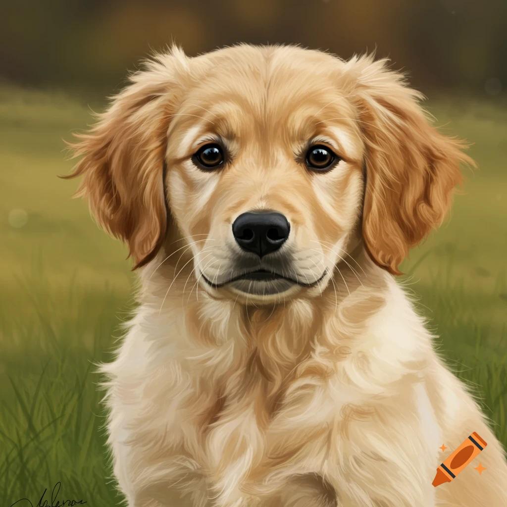 Close-up of a golden retriever puppy sitting in a grassy field.