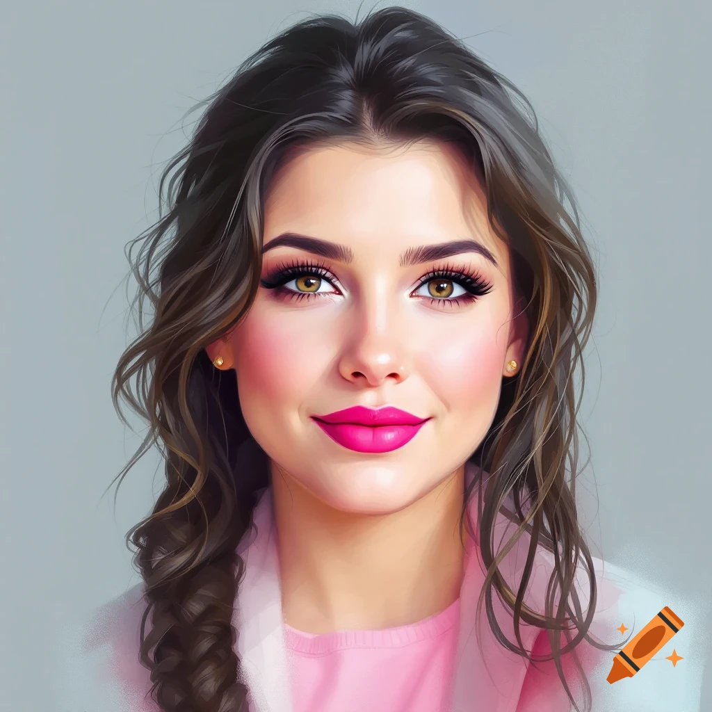Stylized portrait of a smiling young woman with brown hair and bright pink lipstick.
