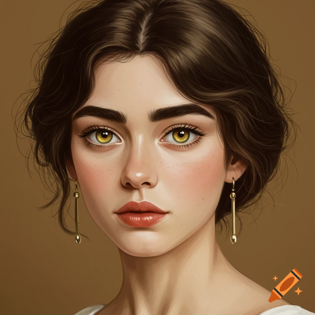 A young woman with striking yellowish eyes and thick eyebrows against a brown background.