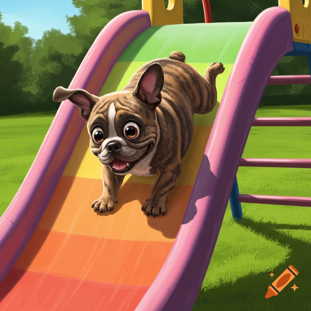 A cartoon bulldog slides down a colorful playground slide.