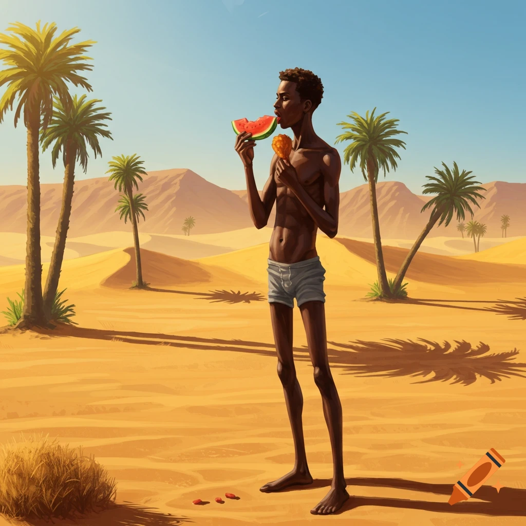 Skinny man eating watermelon and chicken in a desert with palm trees.