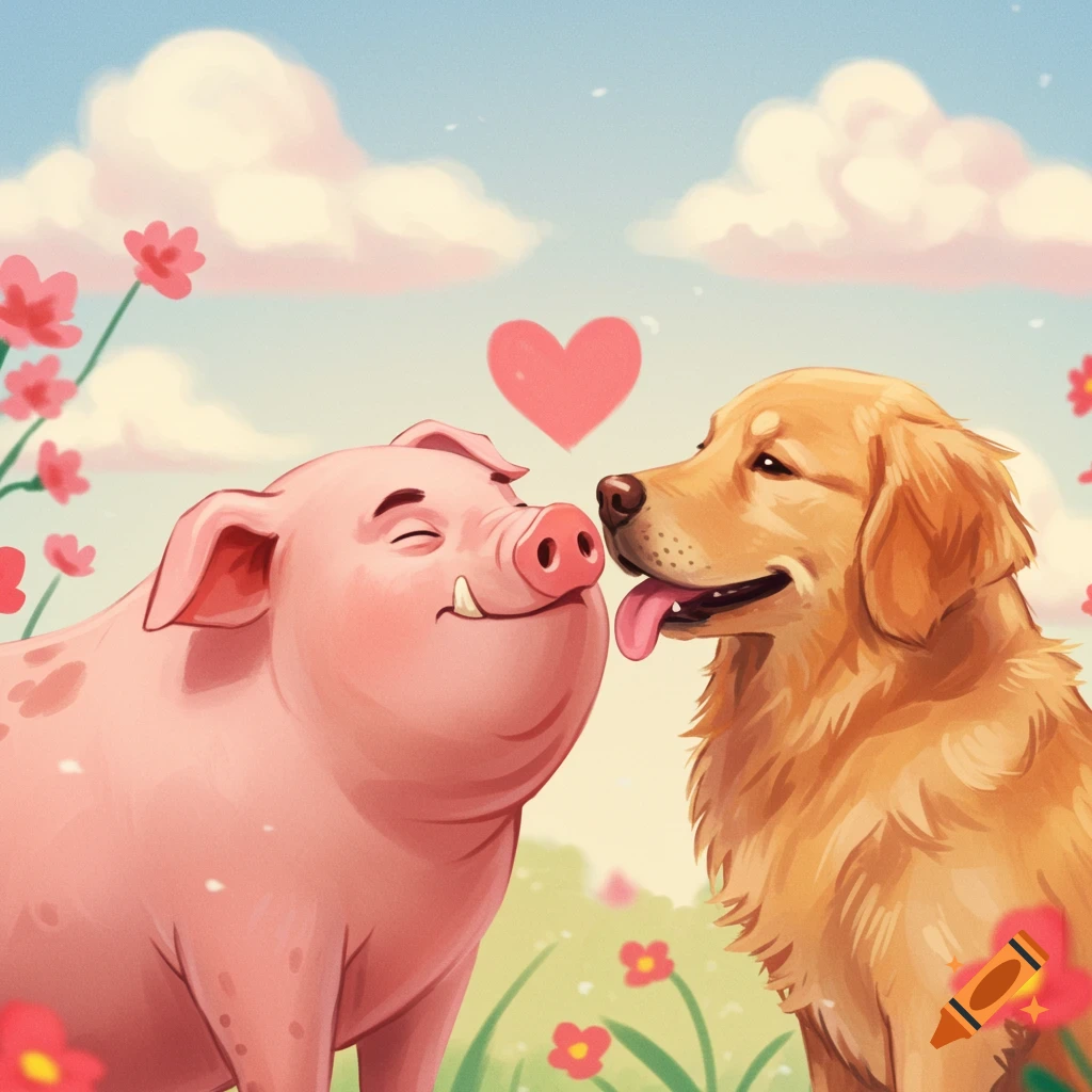 Illustration of a cartoon pig and a golden retriever dog close together under a heart symbol in a flowery field.