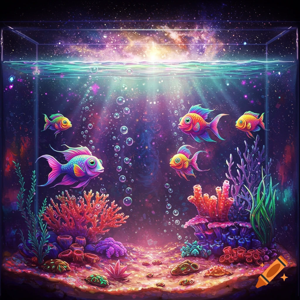 Vibrant aquarium with colorful fish, coral, and bubbles set against a starry space background.