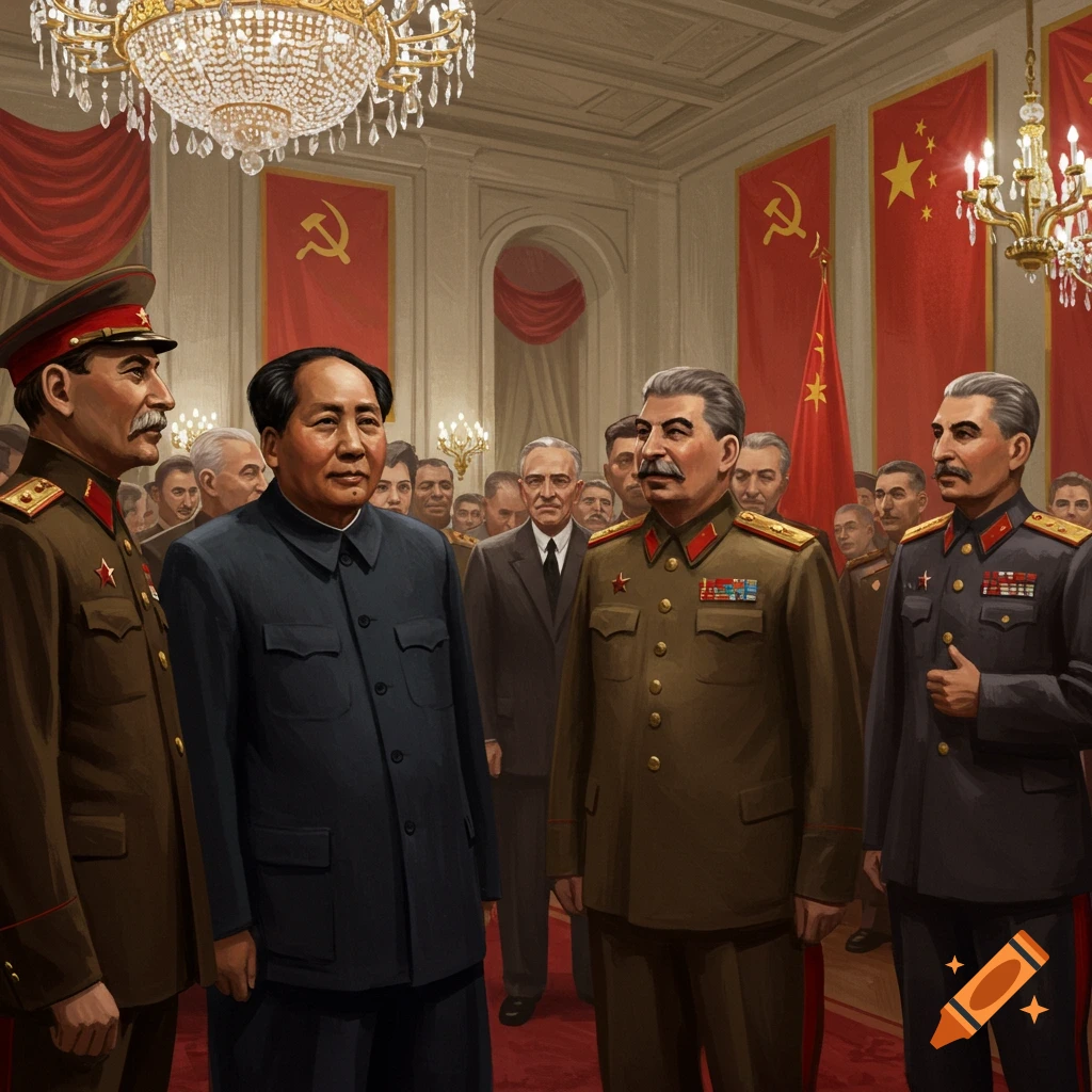 Mao Zedong and Joseph Stalin in a formal hall, with soldiers and flags