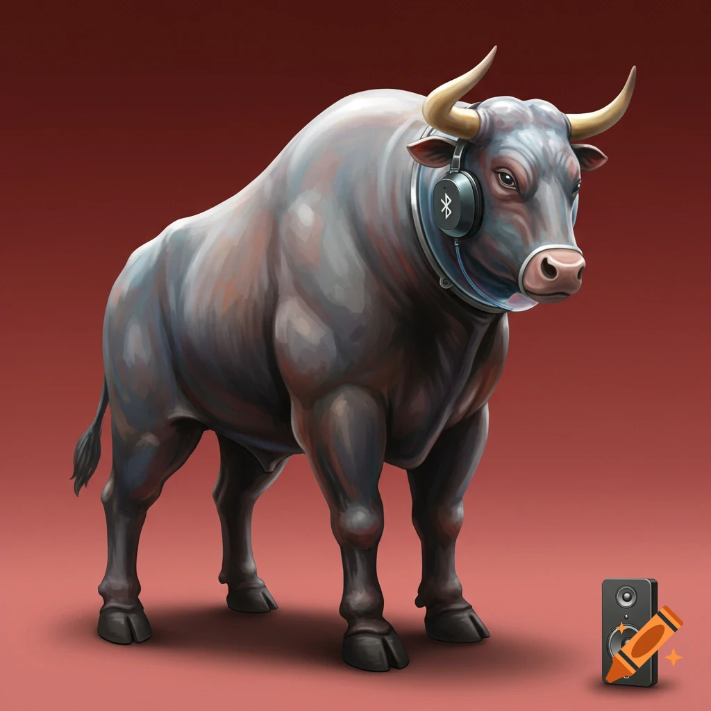 Illustration of a muscular bull wearing headphones and standing next to a speaker.
