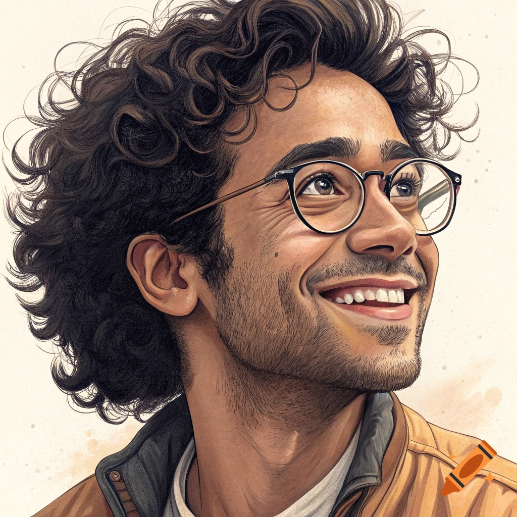 Close-up illustration of a smiling man with curly hair and glasses looking up.