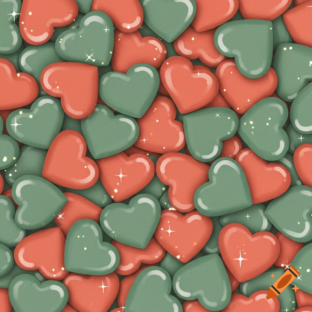 A dense pattern of glossy coral and sage green hearts with white sparkles.