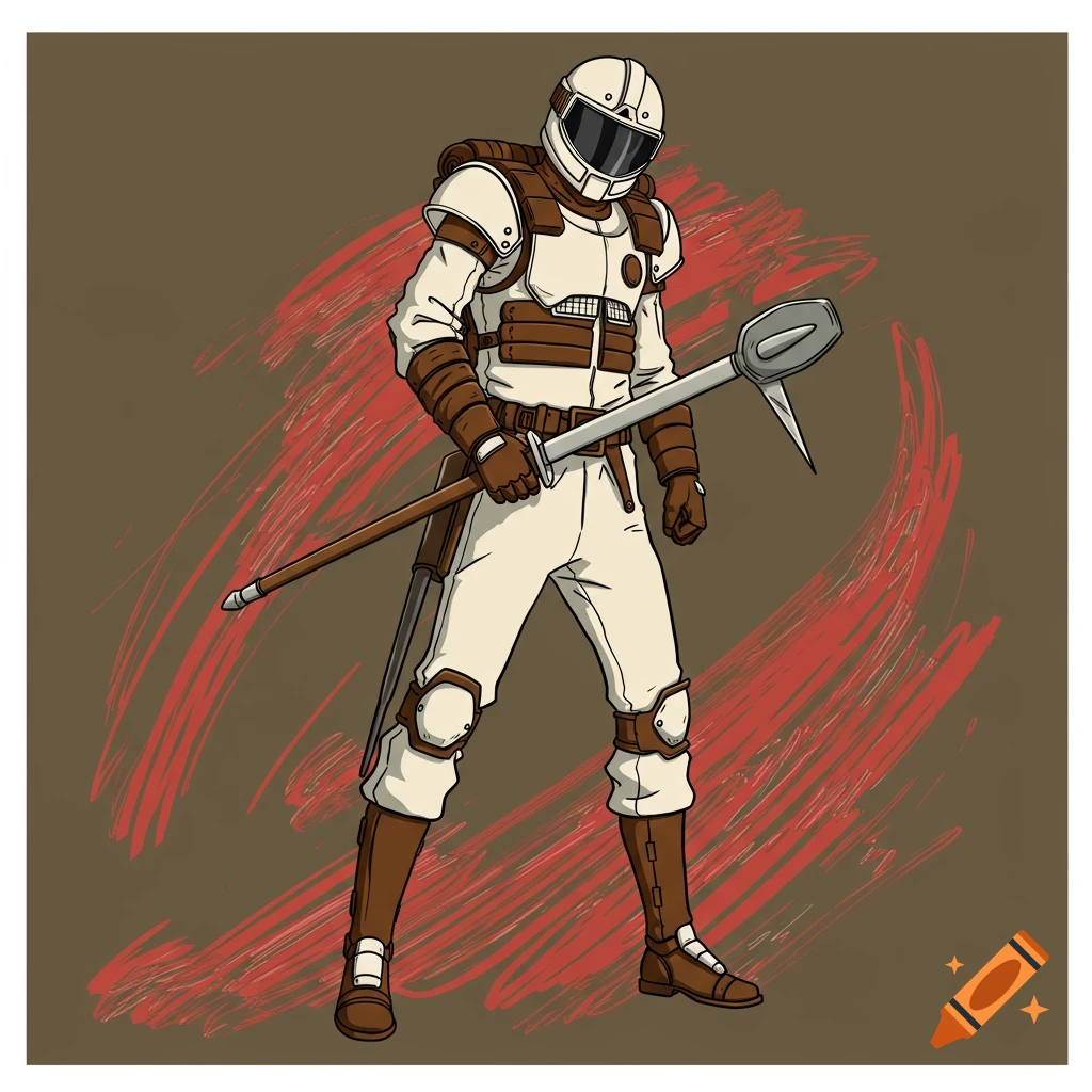 Illustration of a character in white and brown armor and helmet, holding a pickaxe-like weapon.
