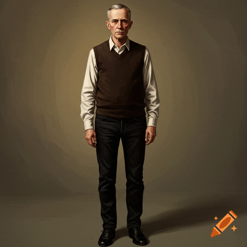 A full shot portrait of an older man wearing a white shirt, brown sweater vest, and black jeans against a brown background.