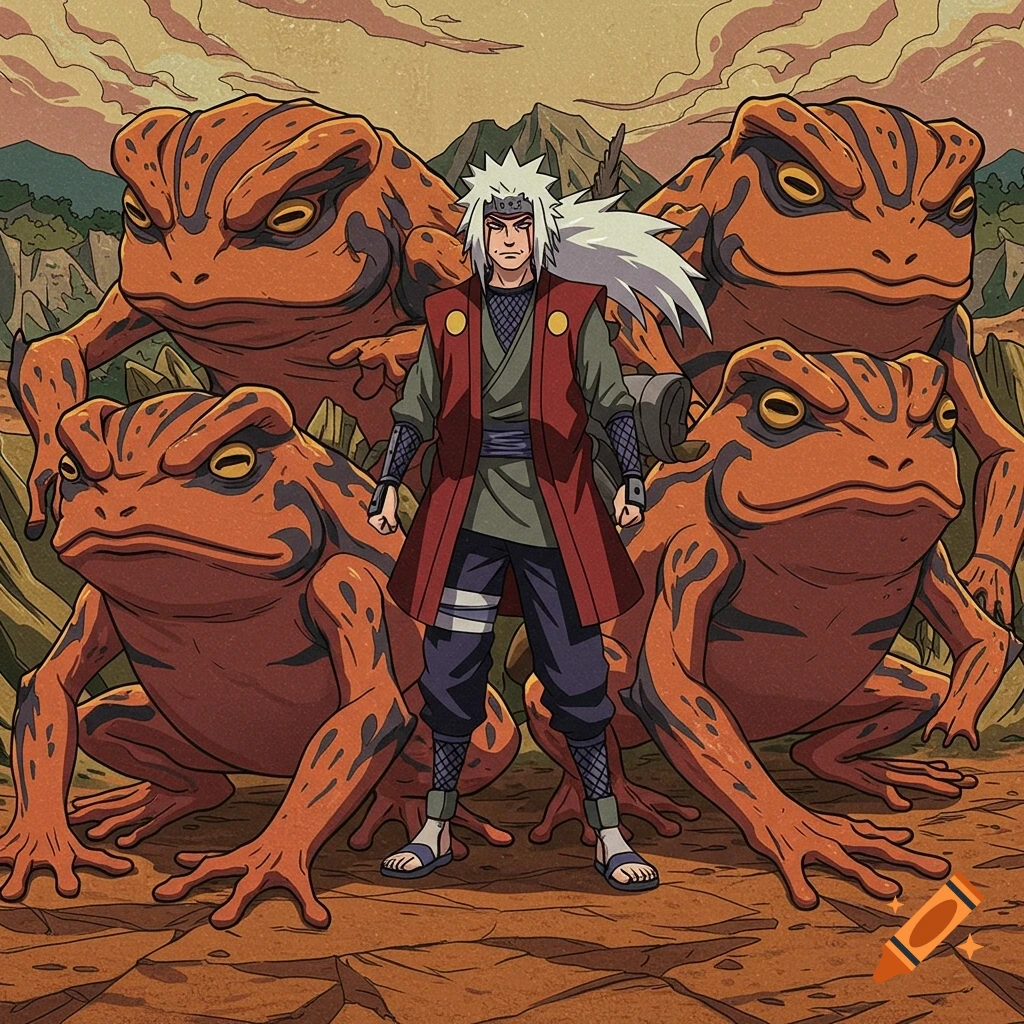 Anime illustration of Jiraiya in Sage Mode standing among several large orange toads.