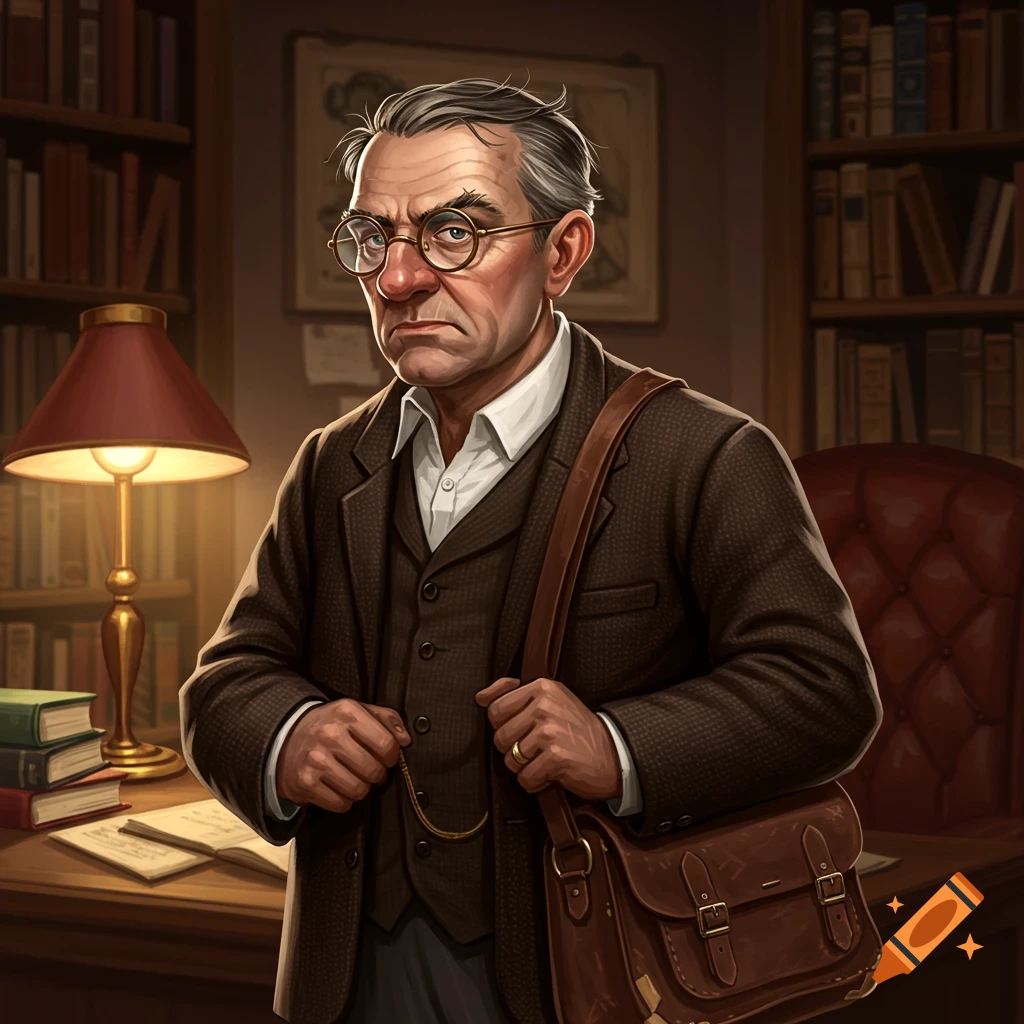 Portrait of a grumpy professor with glasses and satchel in a library.