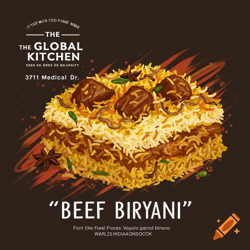 Fusion restaurant advertising beef biryani dish and address
