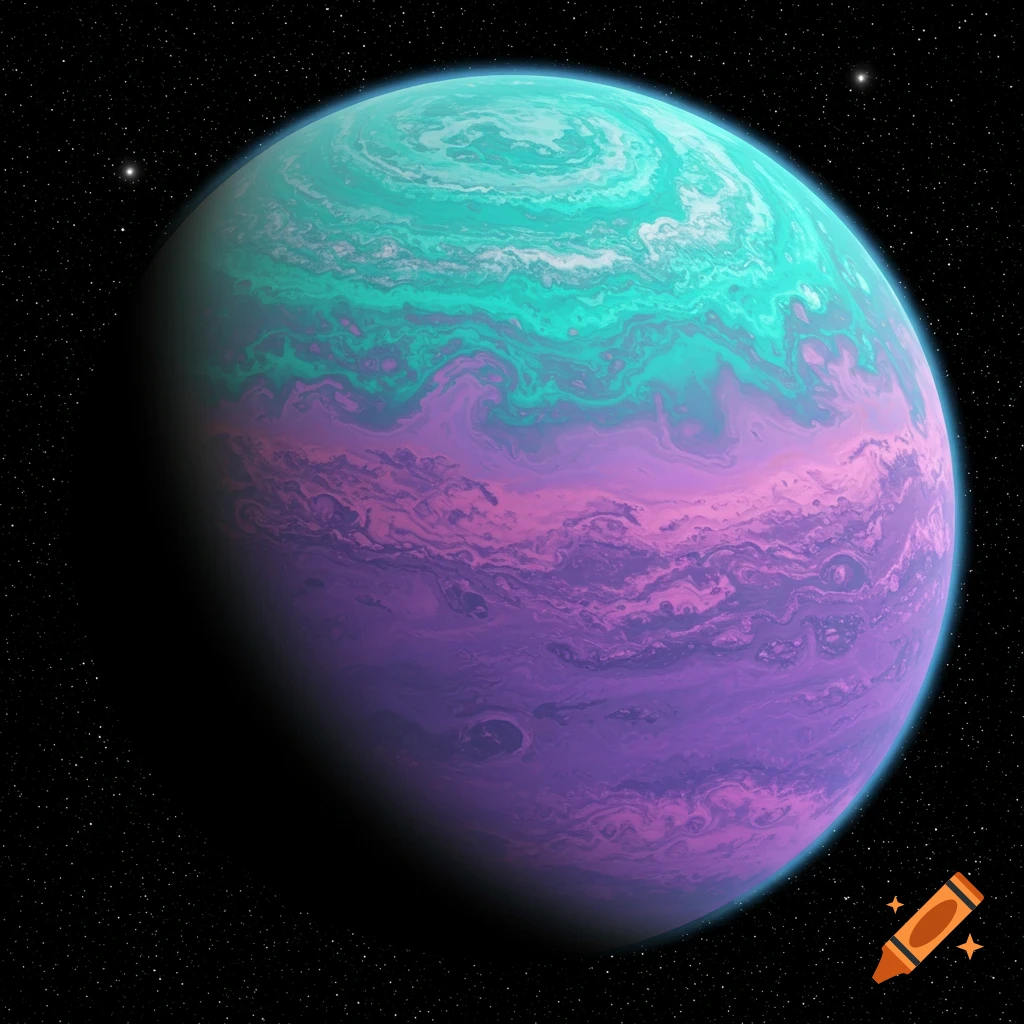 A vibrant teal and purple gas giant planet in space against a field of stars.