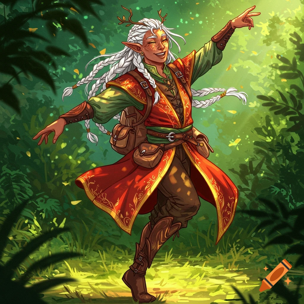A wood elf character with white braided hair, antlers, and freckles dances in a sun-dappled forest.