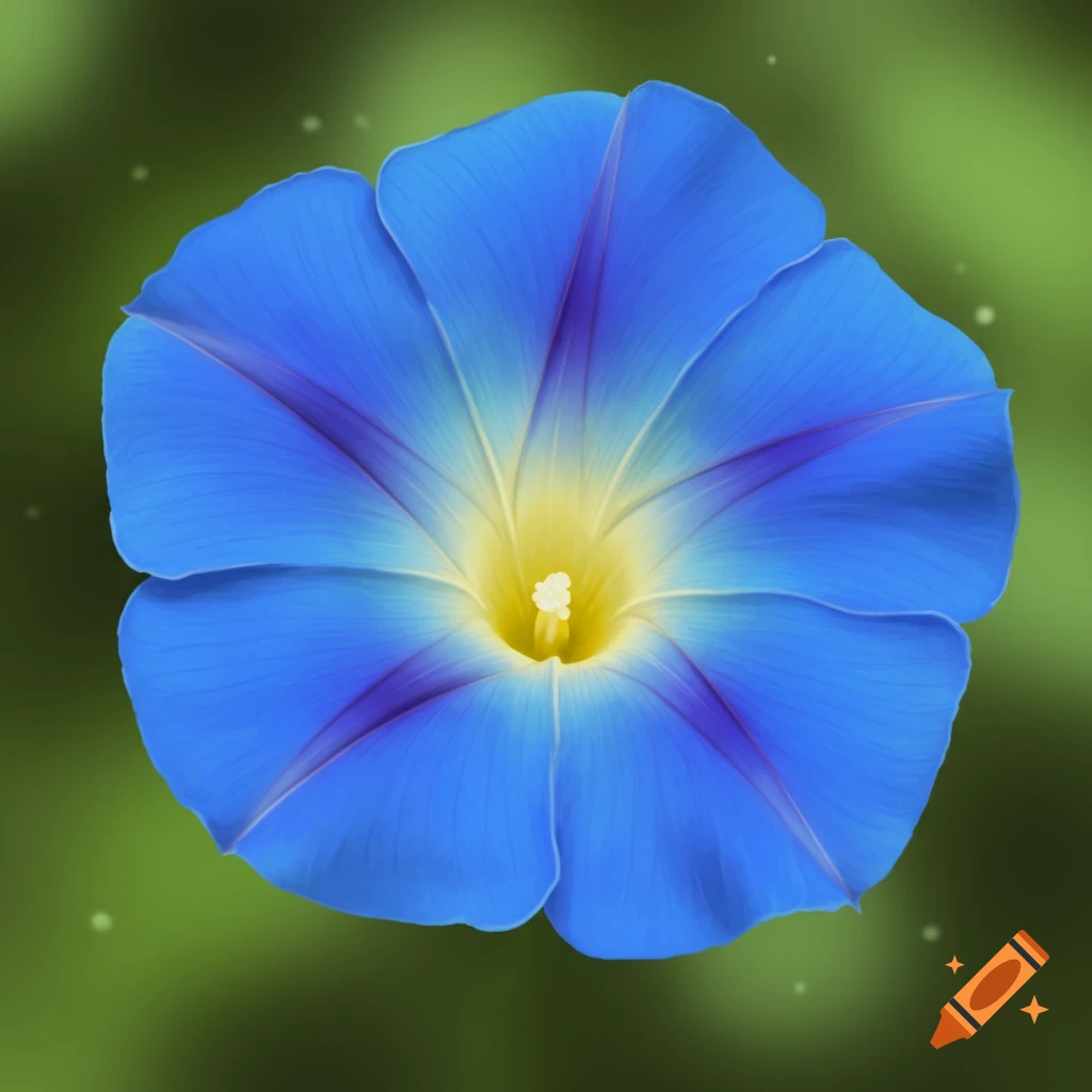 A close-up illustration of a blue morning glory flower with a yellow center on a blurry green background.