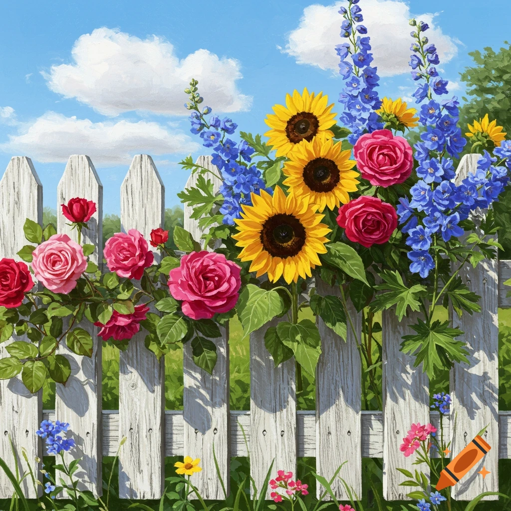 Summer flowers including sunflowers, roses, and blue blooms growing over a white picket fence.