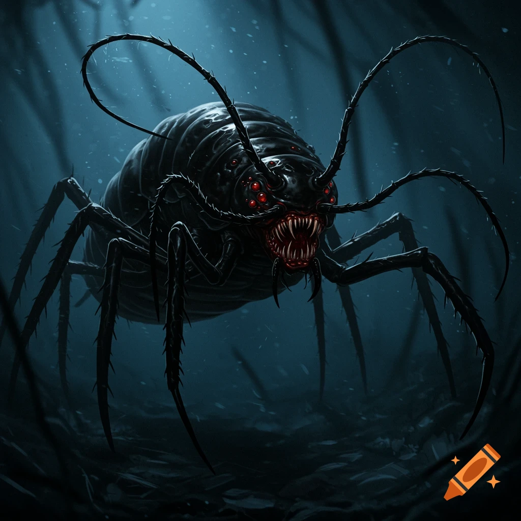 A detailed illustration of a scary black insect creature with red eyes and sharp teeth in a dark, murky environment.