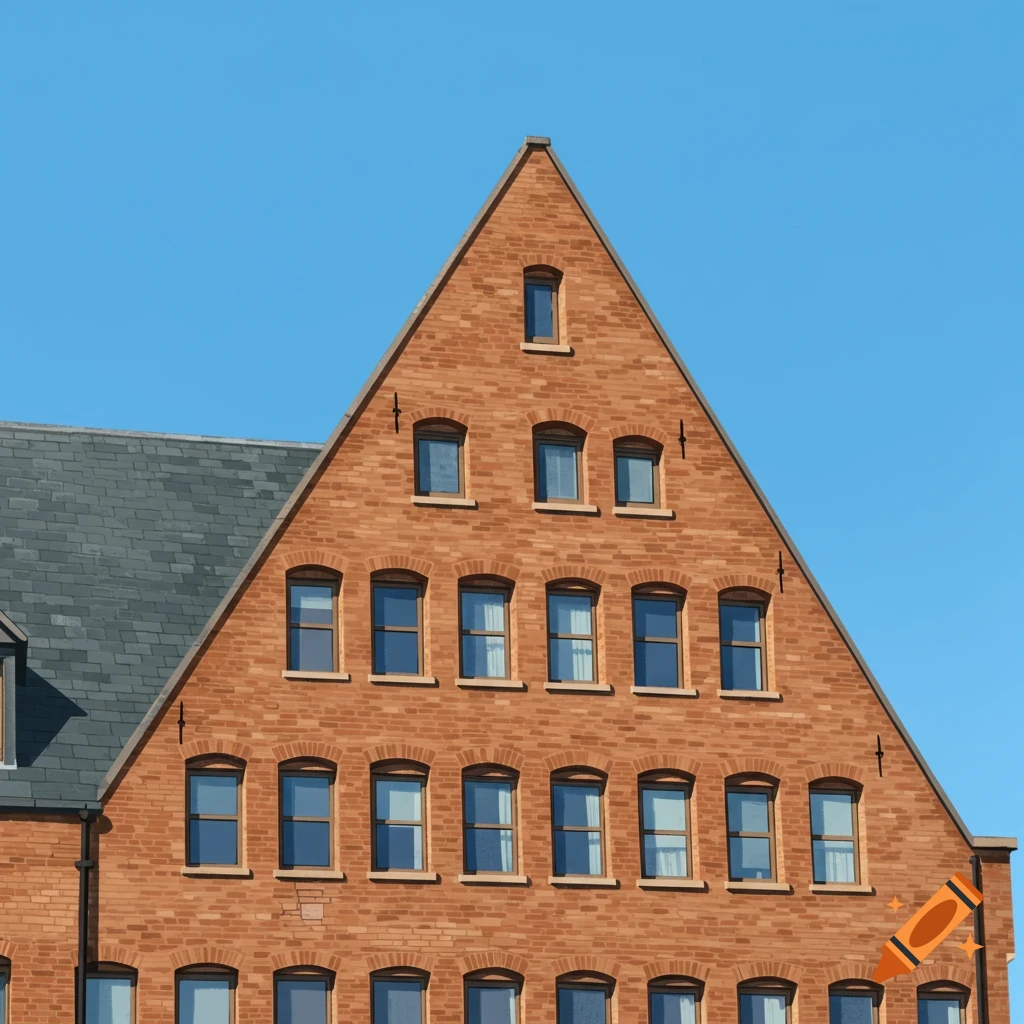 Photorealistic image of the triangular gable end of a brick building with multiple windows against a blue sky.
