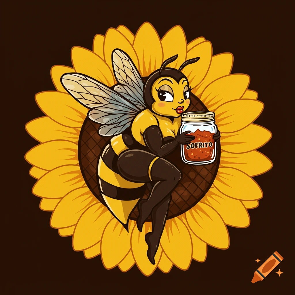 Cartoon bee with exaggerated curves holds a jar of sofrito, centered on a sunflower background in a vintage pin-up style.