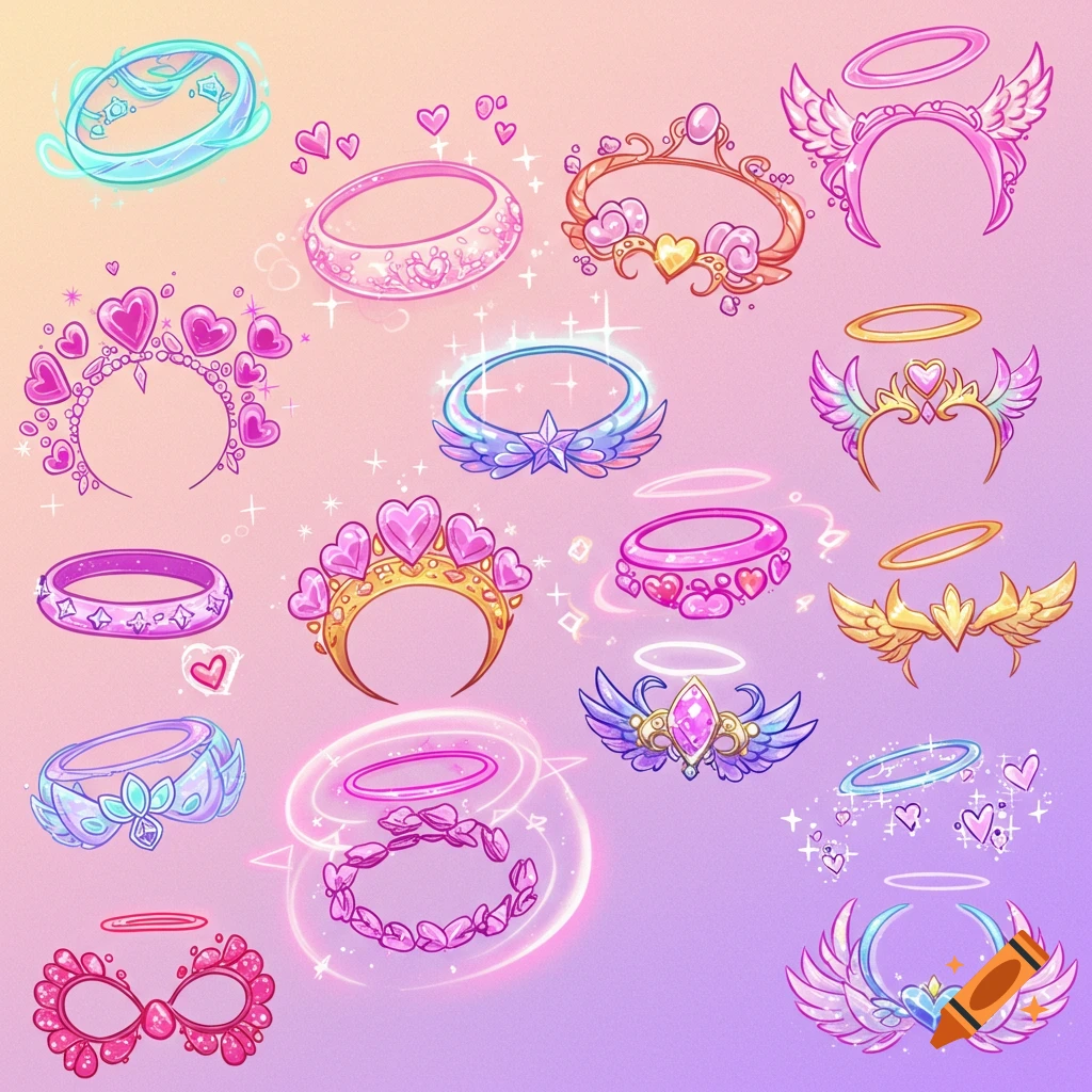 A collage of fantasy accessories including halos, tiaras, and rings in a cute, colorful style.