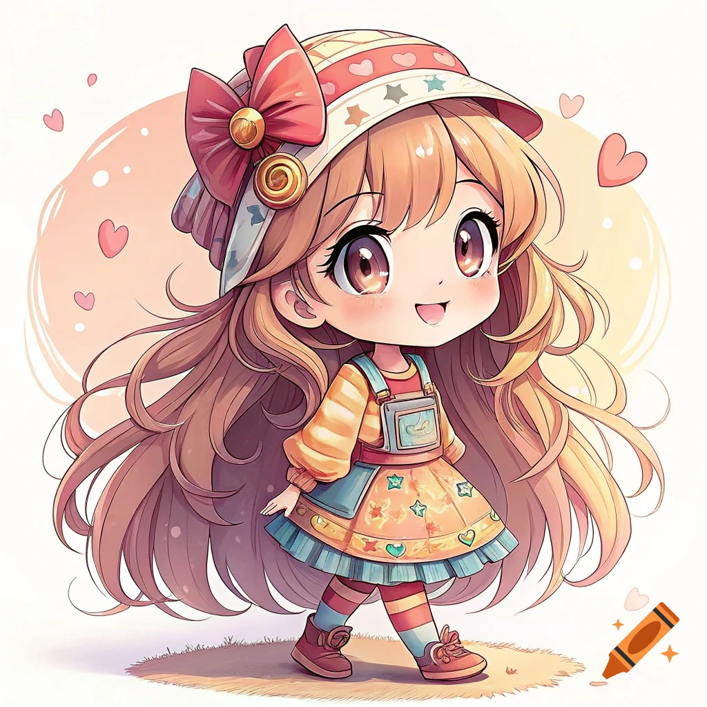 Cute chibi anime girl with big eyes, wearing a hat and colorful dress, walking.