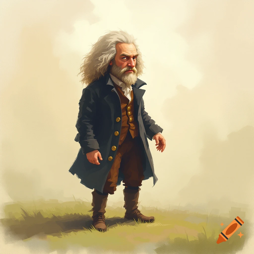 Illustration of man with long white hair and beard in historical clothing in a field.