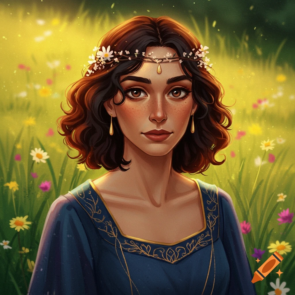 Illustration of a woman in a flower crown and blue dress standing in a field of flowers.